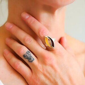 Baltic Amber Geometric Ring in Sterling Silver Size 8